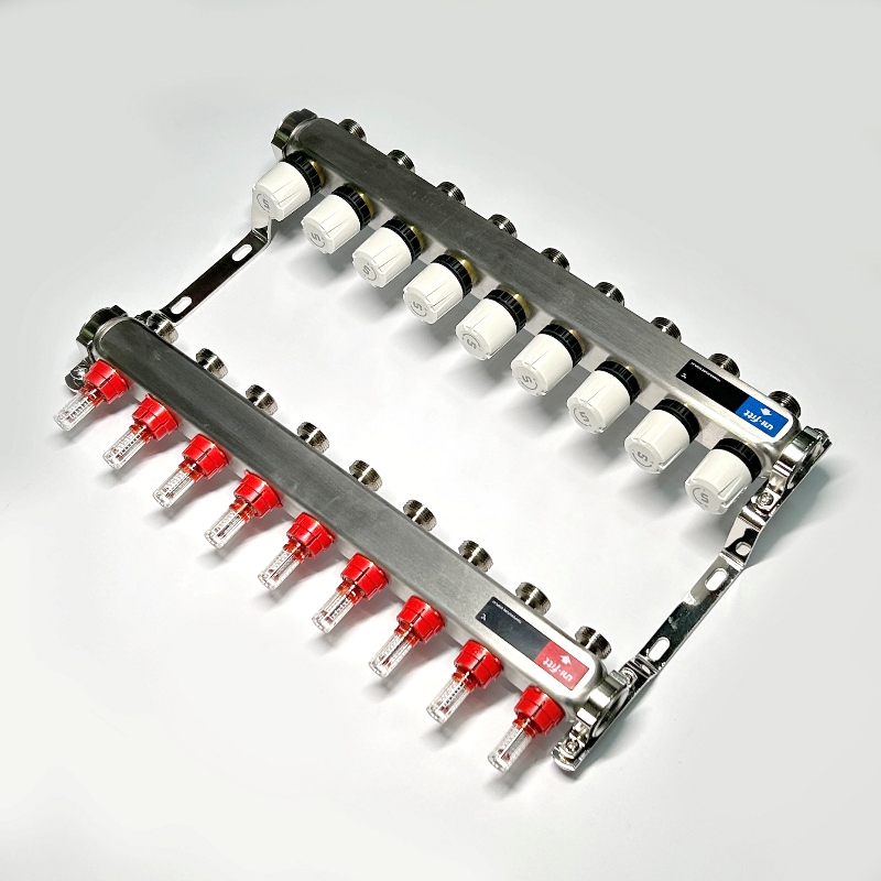 Колл.группа 1" х 9 вых 3/4" с расходомерами и термостатическими вентилями без конц, нерж. сталь Колл.группа 1" х 9 вых 3/4" с расходомерами и термостатическими вентилями без конц, нерж. сталь