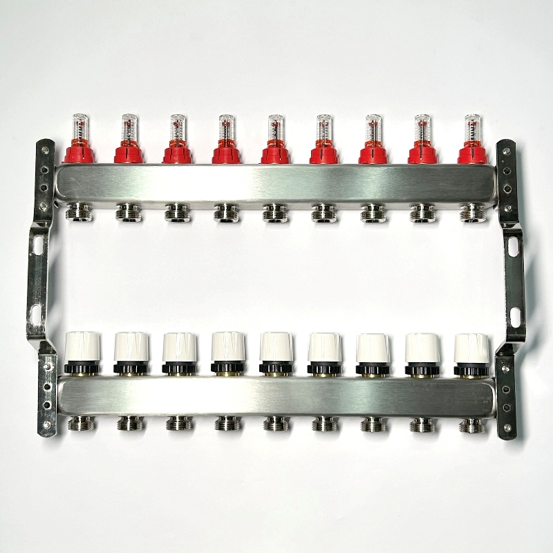 Колл.группа 1" х 9 вых 3/4" с расходомерами и термостатическими вентилями без конц, нерж. сталь Колл.группа 1" х 9 вых 3/4" с расходомерами и термостатическими вентилями без конц, нерж. сталь
