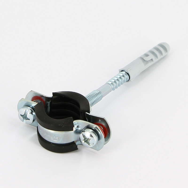 Хомут 1/2" (20-24 мм) с резиновым уплотнителем, шпилькой и дюбелем Хомут 1/2" (20-24 мм) с резиновым уплотнителем, шпилькой и дюбелем