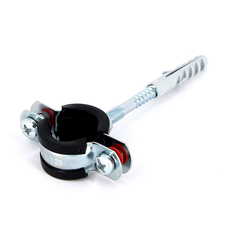 Хомут 3/4" (25-29 мм) с резиновым уплотнителем, шпилькой и дюбелем Хомут 3/4" (25-29 мм) с резиновым уплотнителем, шпилькой и дюбелем