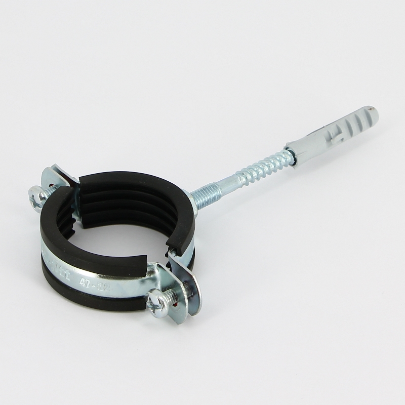 Хомут 1 1/2" (47-52 мм) с резиновым уплотнителем, шпилькой и дюбелем Хомут 1 1/2" (47-52 мм) с резиновым уплотнителем, шпилькой и дюбелем